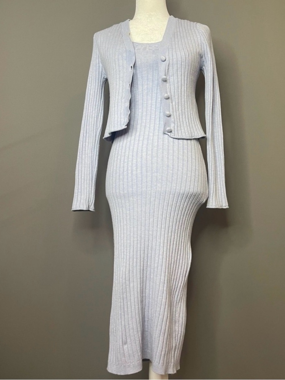 Ribbed Knit Two-Piece Dress Set in Light Blue